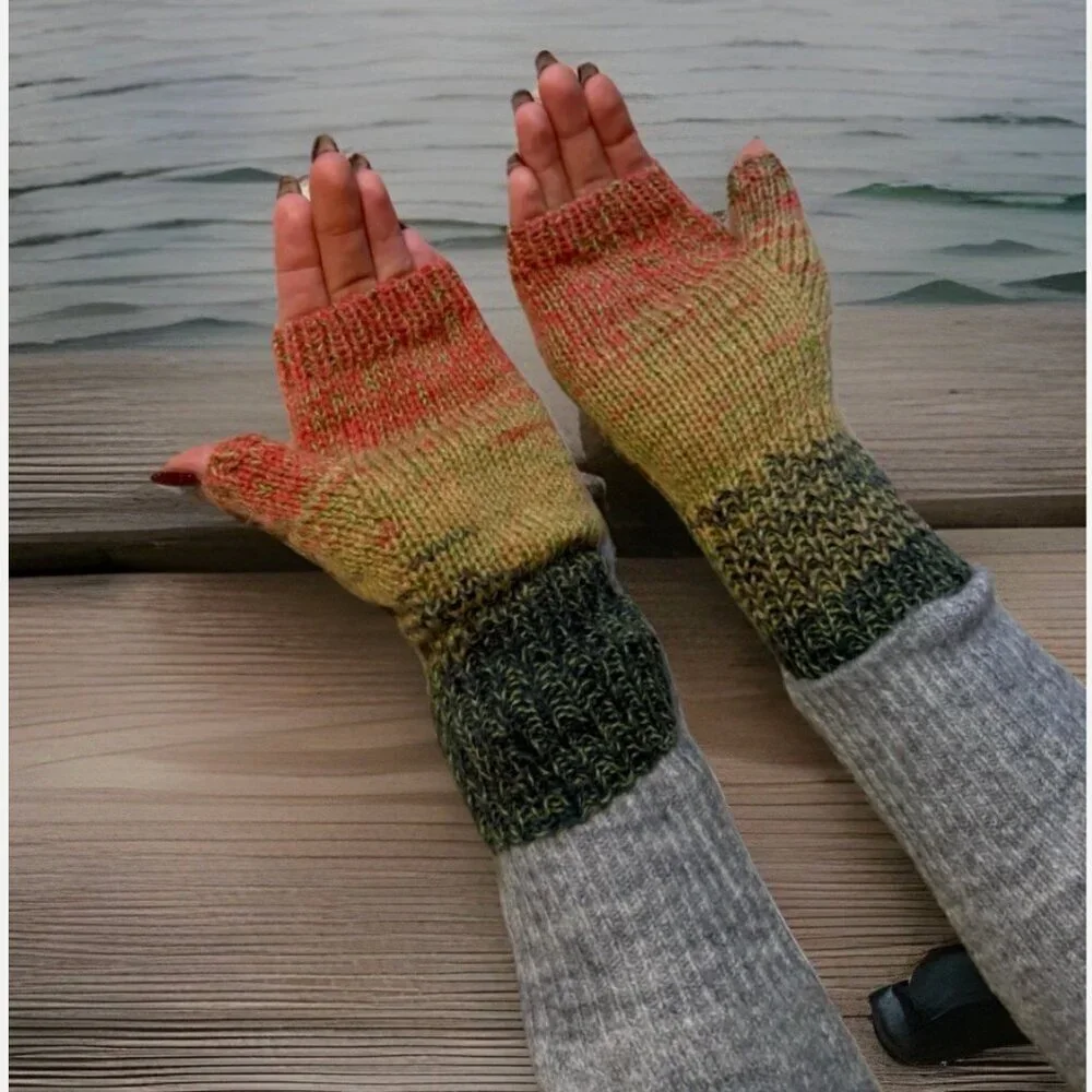Handmade Women's Wool Blend Watermelon Multi Knit Fingerless Soft Mittens Gloves